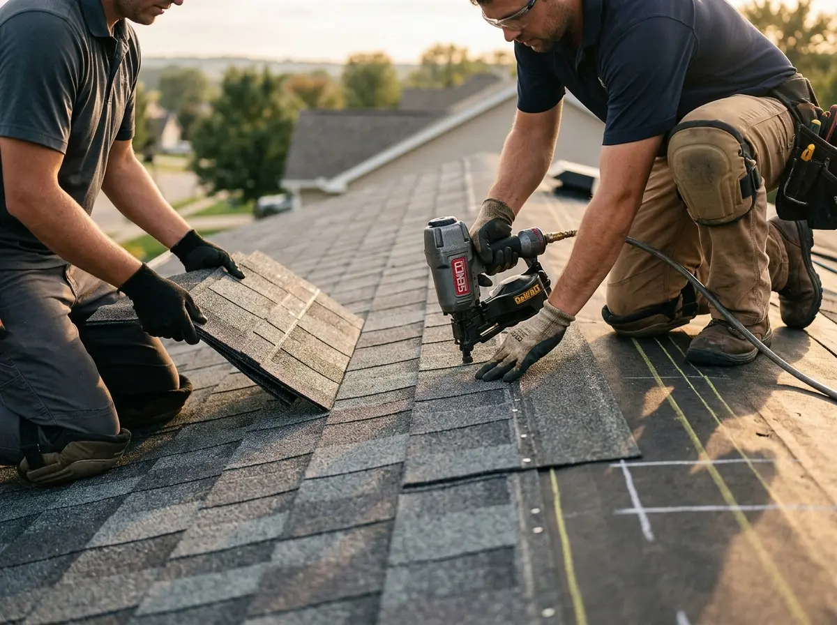 Professional roofer working on a residential roof in Seabrook